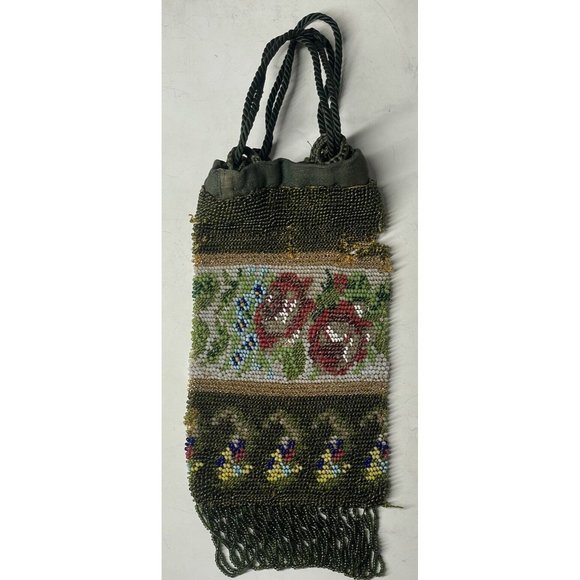 Antique Victorian Drawstring Beaded Purse 19th C. Art Nouveau Bag Glass - Picture 1 of 16